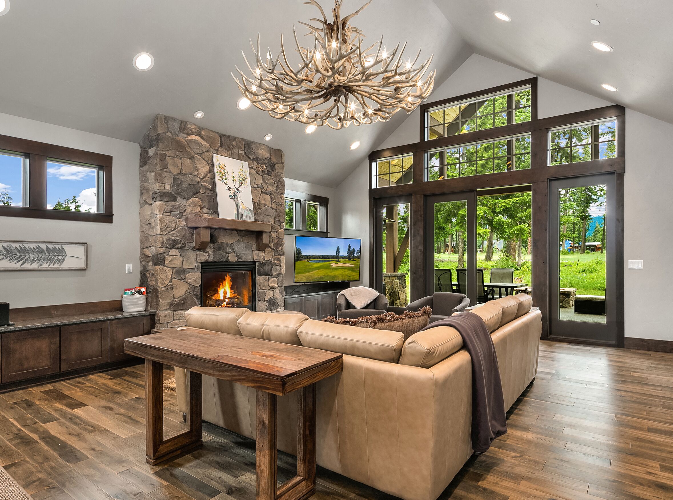 Smart TV, fireplace, video games, DVD player