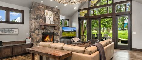 Smart TV, fireplace, video games, DVD player