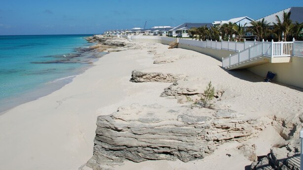A beach with a white fence, palm trees, and buildings along the shore. - "Luxurious Villa" 2 Bedroom / 2 Bath (Bimini)