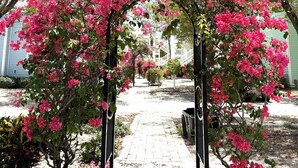A pathway lined with pink flowering trees and a white building in the background. - Best of Bimini - Oceanview - 2 Bedroom / 2 Bath (Bimini)