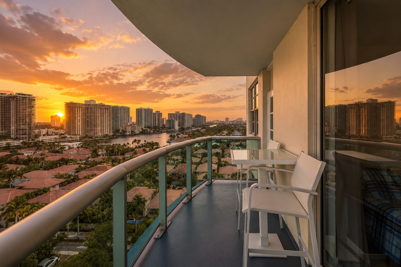 Un balcón con vista a un paisaje urbano al atardecer, con edificios altos y un río.