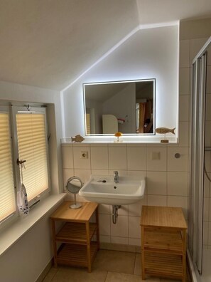 Dusche, Haartrockner, Handtücher, Seife