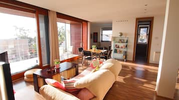 Een televisie, een dvd-speler, boeken en een muziekbibliotheek