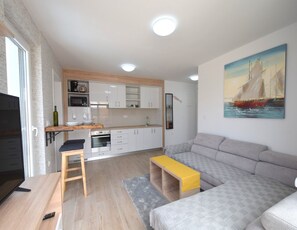 Apartment, 1 Bedroom, Jetted Tub | Living area | Flat-screen TV