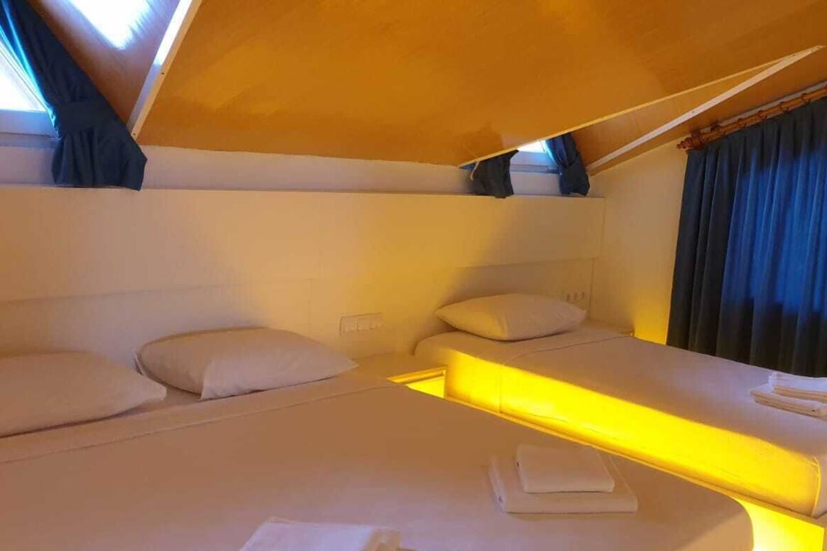 A bedroom with a bunk bed and a single bed, both with white bedding.