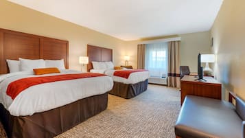 Premium bedding, pillowtop beds, desk, blackout drapes