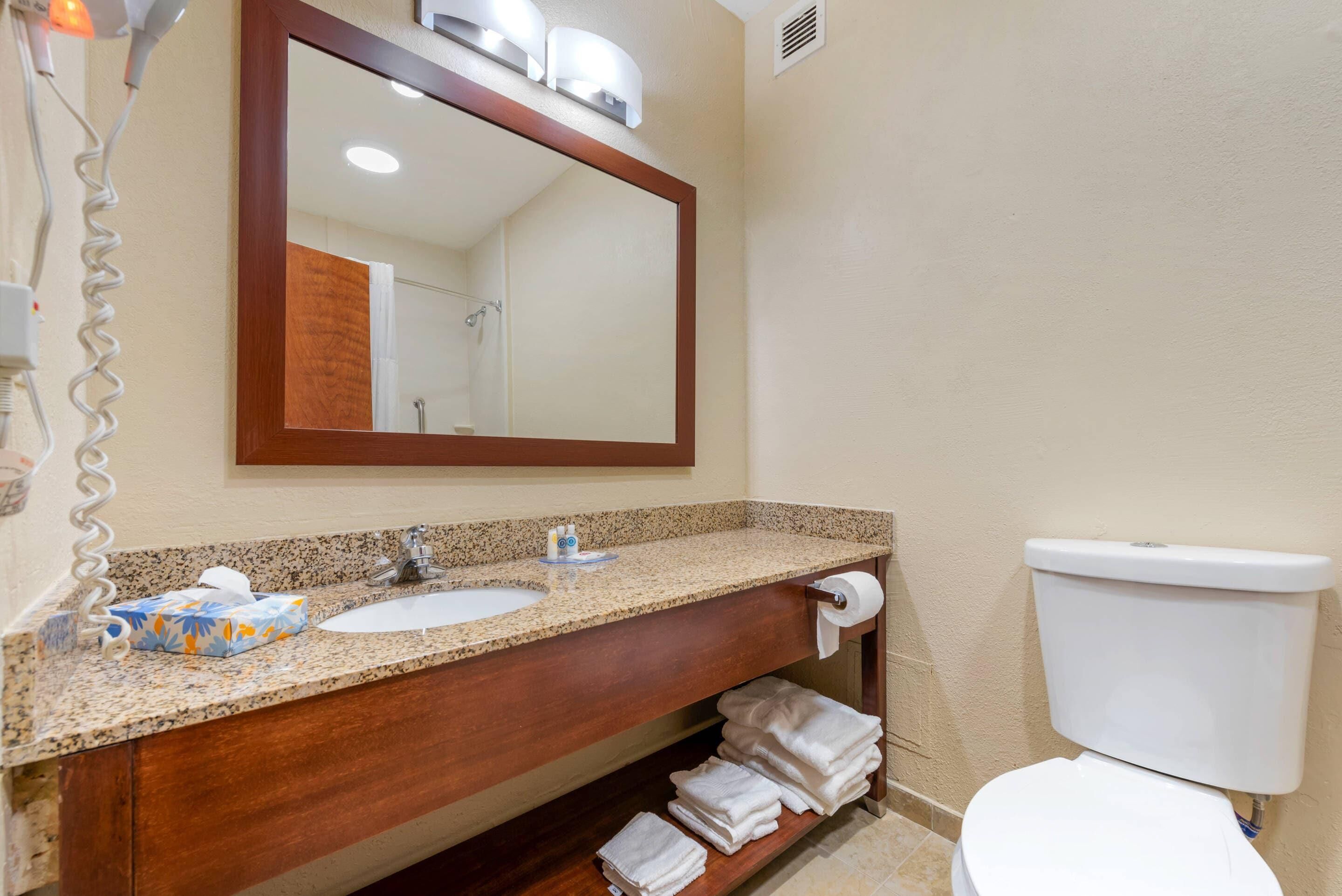 A bathroom with a granite countertop sink, a mirror, a towel rack, and a toilet.