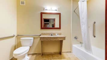 A bathroom with a toilet, sink, mirror, shower, and grab bars.