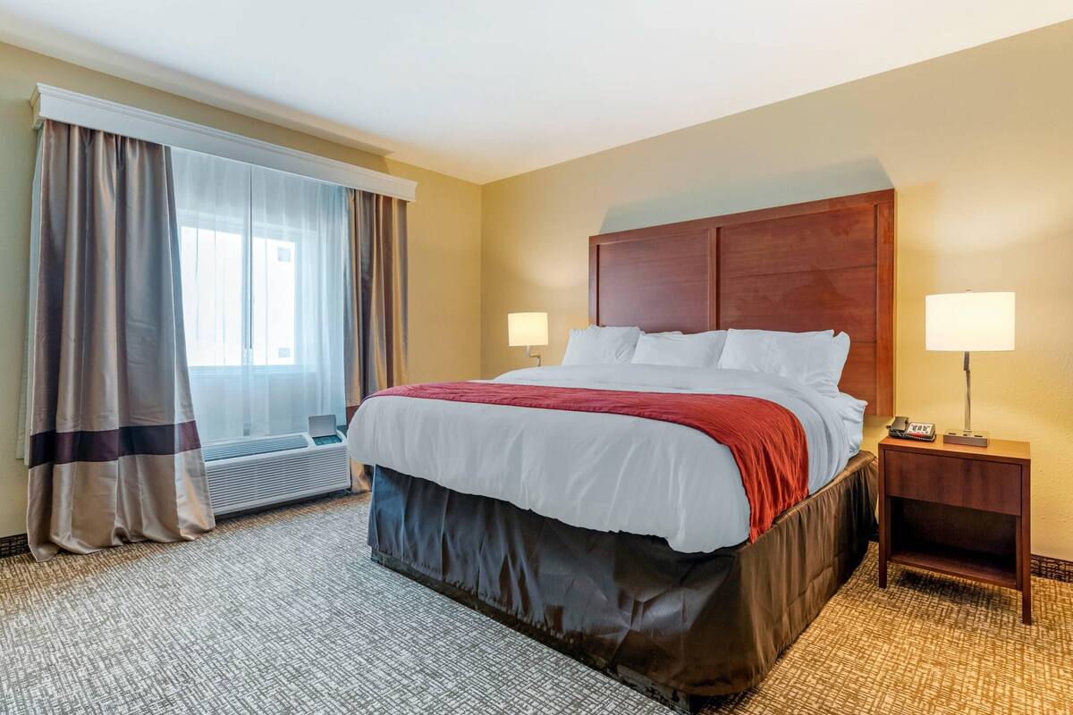 A hotel room with a large bed, two bedside tables with lamps, a window with curtains, and a carpeted floor.