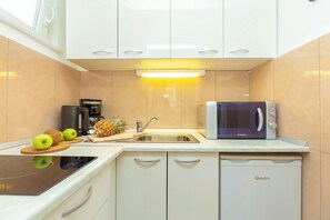 Fridge, microwave, stovetop, coffee/tea maker