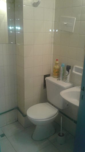 A small bathroom with a toilet, a sink, and a mirror. - Zona Peatonal Central Apartment Mendoza City (Mendoza)