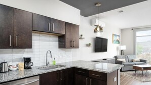 A modern kitchen with dark cabinets, a granite countertop, and a built-in dishwasher. There is a large window providing natural light and a view of the outdoors. - Studio King Suite with Kitchen | 203 (Asheville)