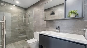 Shower, hair dryer, towels