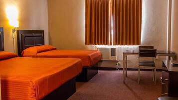 Desk, laptop workspace, blackout curtains, iron/ironing board