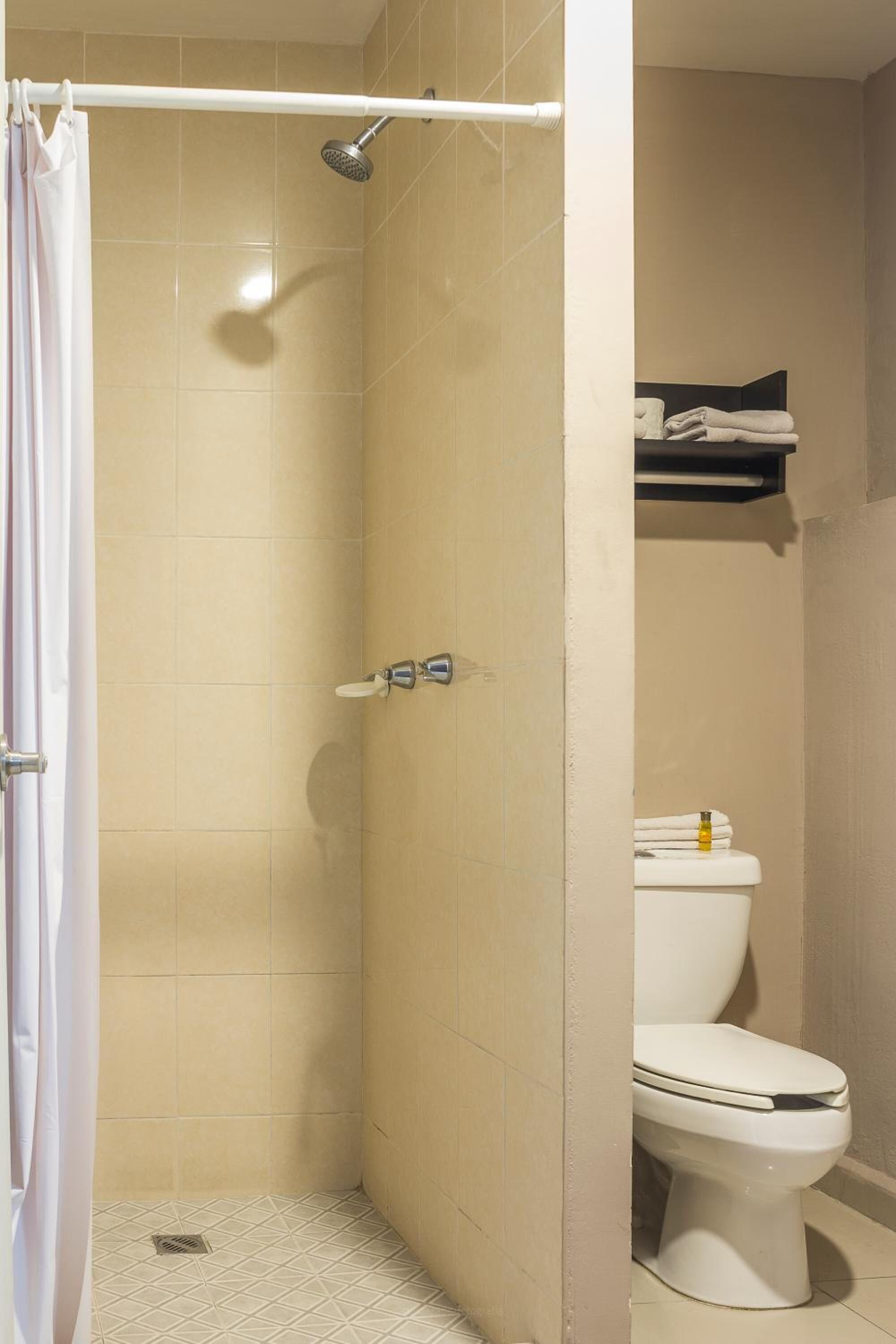 shower, rainfall showerhead, hair dryer, towels