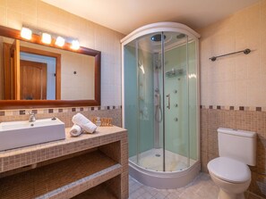 Shower, jetted tub, hair dryer, bidet