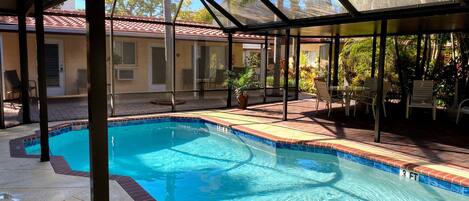 A swimming pool with a glass enclosure, surrounded by patio furniture and plants.