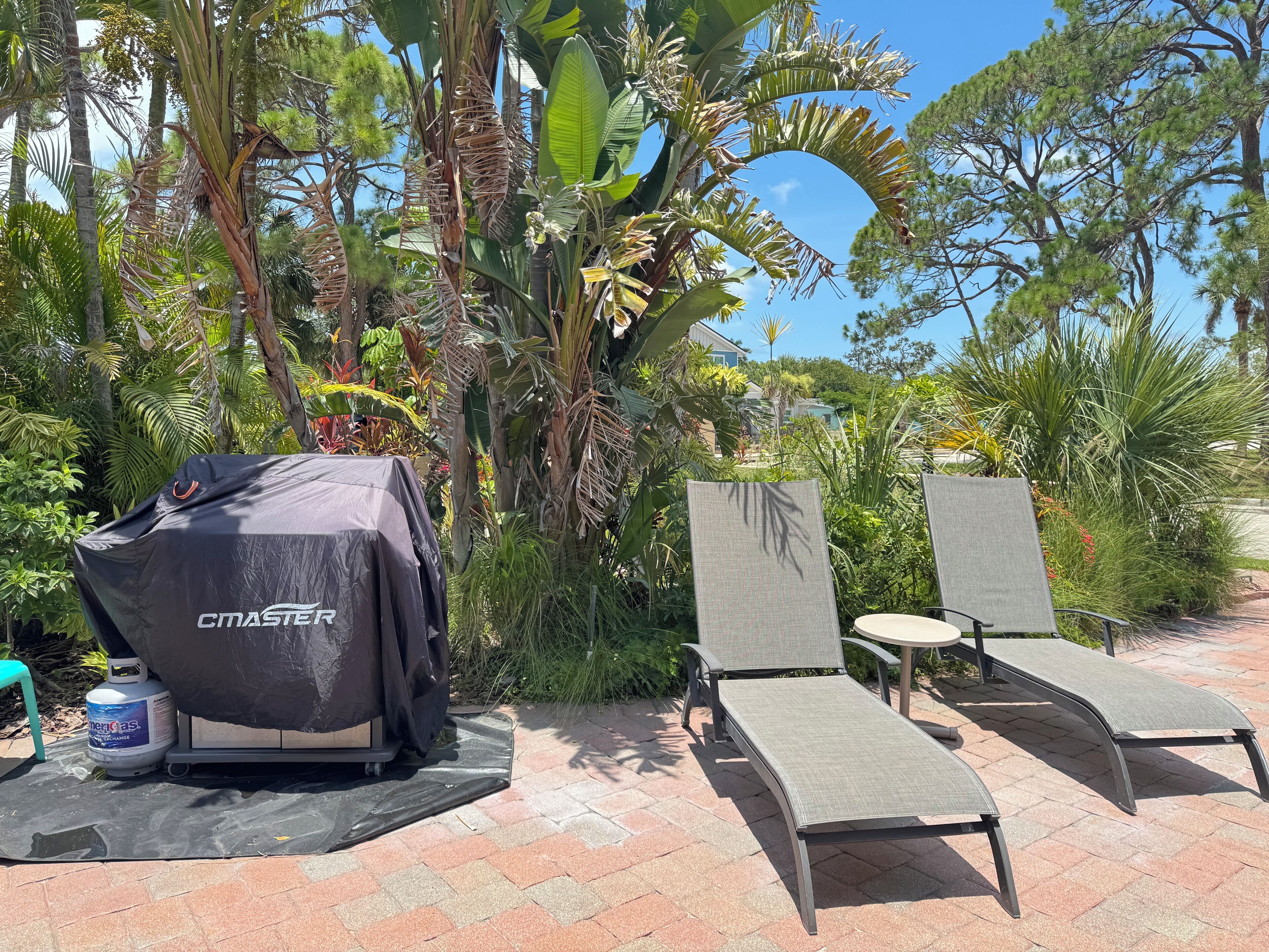 An outdoor patio with a barbecue grill, two lounge chairs, and lush tropical vegetation.