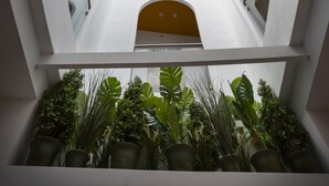Interior de varios niveles con un atrio central, paredes blancas y plantas en macetas en la parte inferior.