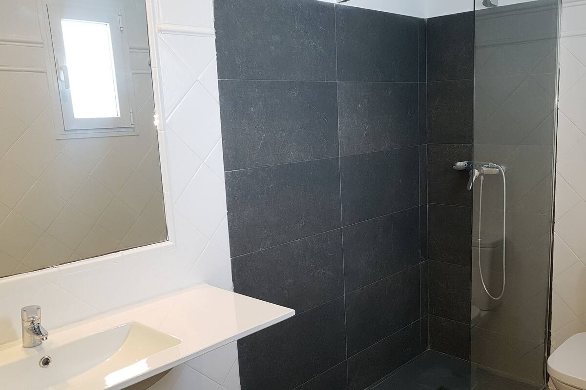 A bathroom with a white sink, a shower with a handheld showerhead, and a toilet.