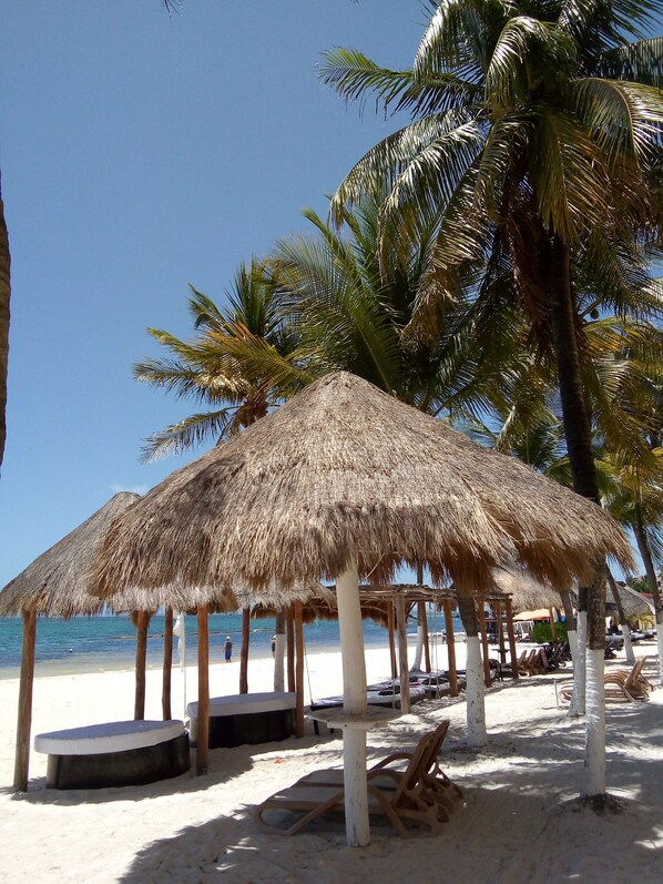 En la playa y camastros 