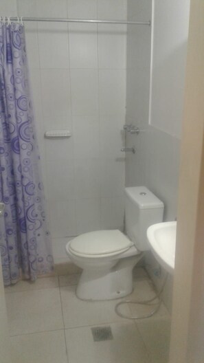 A bathroom with a toilet, a sink, and a shower curtain. - Central Apartment Mendoza City (Mendoza)