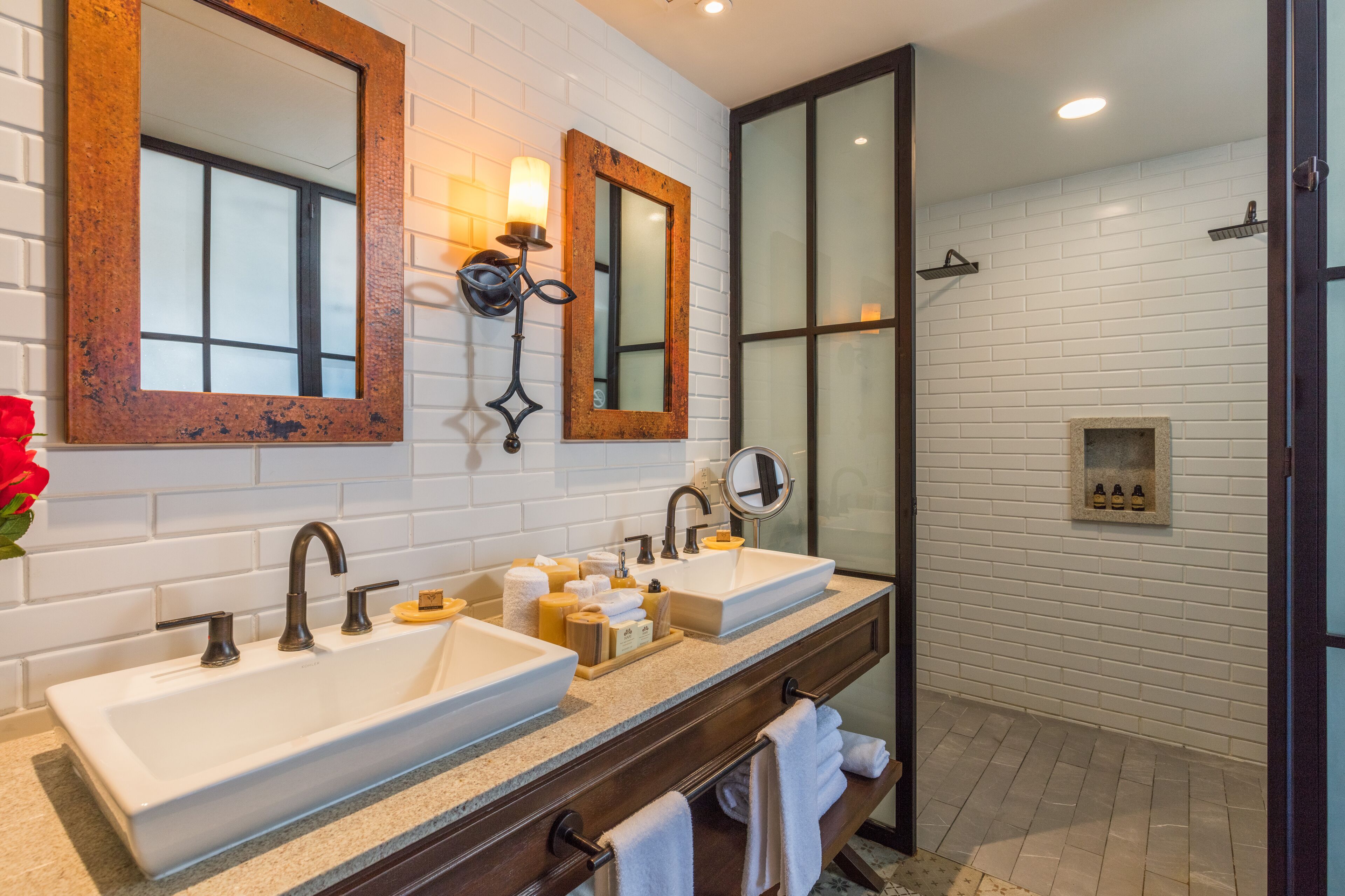 Designer toiletries, hair dryer, bathrobes, slippers