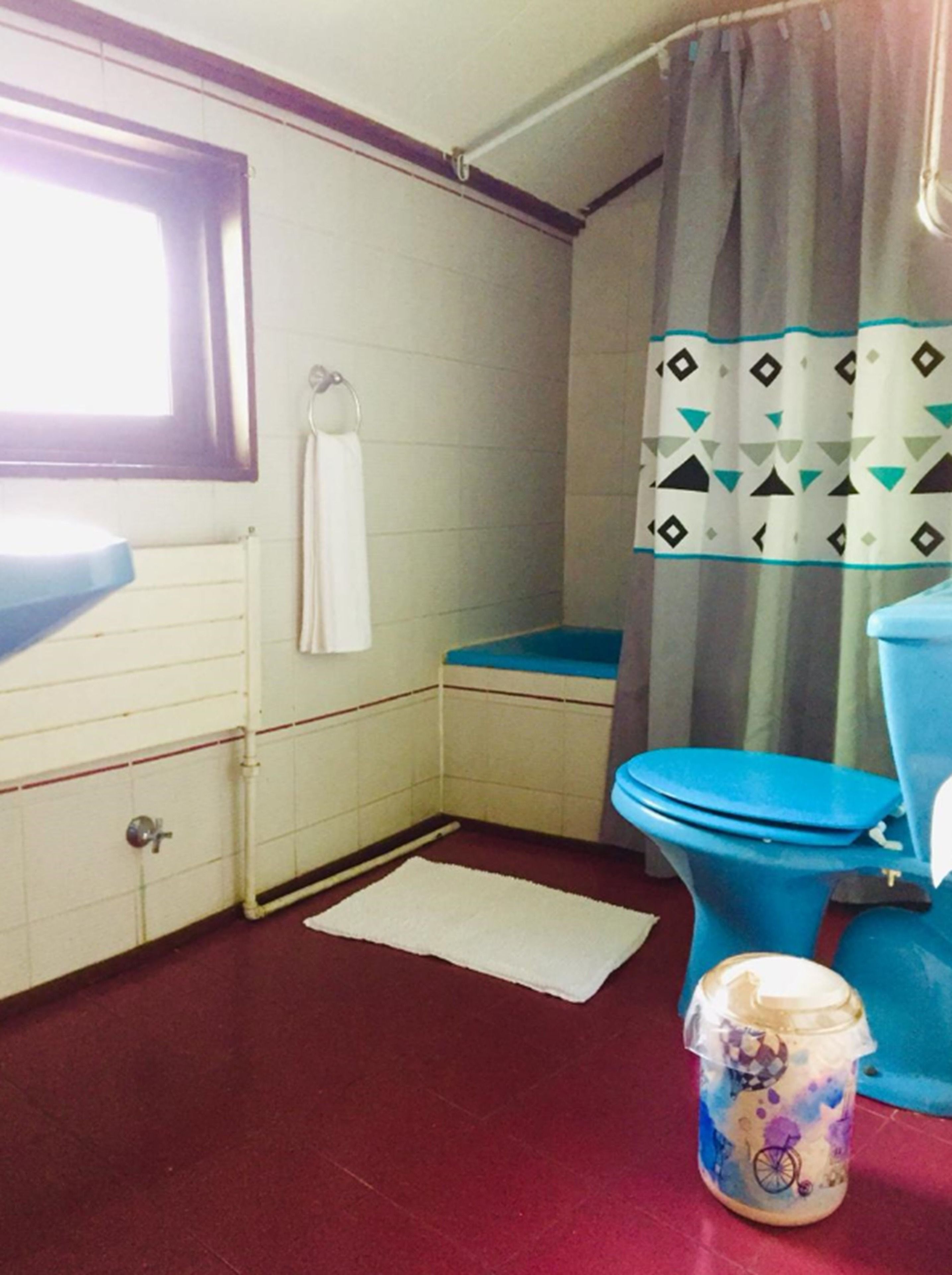Ein Badezimmer mit Toilette, Waschbecken und Duschvorhang.