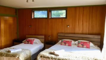 A room with two beds, wooden walls, and two windows.