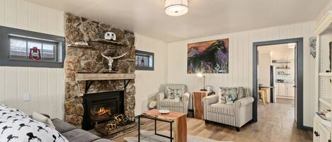 Smart TV, fireplace, DVD player, video library