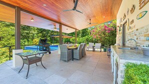 An outdoor patio with a pool, grilling area, and seating. - Don Pedro-Perfect for Couples & Families, Onsite Staff. (Savegre de Aguirre)
