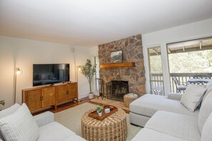Smart TV, fireplace, books