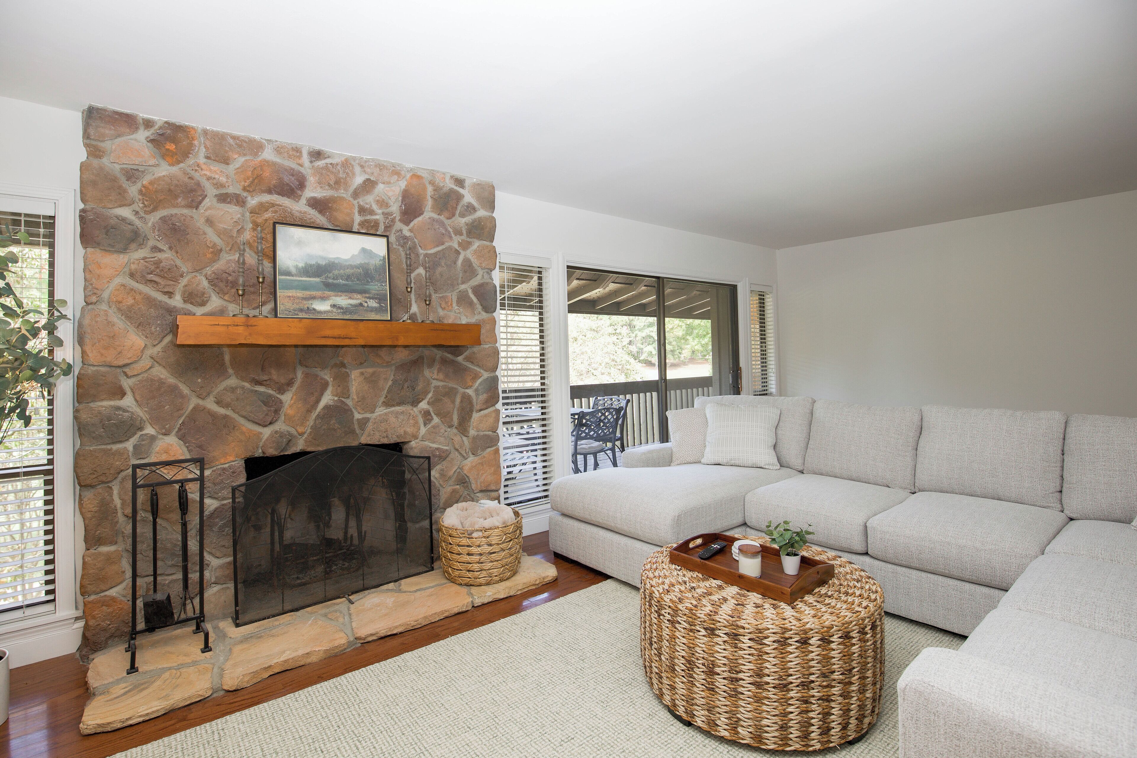 Smart TV, fireplace, books