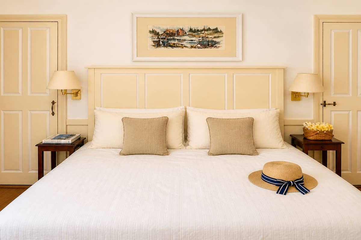 A neatly made bed with two pillows, a bedside table with a lamp, a framed painting above the bed, and a door with a handle.