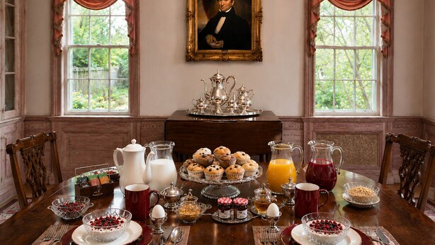 A dining room with a table set for breakfast, a painting on the wall, and windows with curtains. - 29 India House (Nantucket)