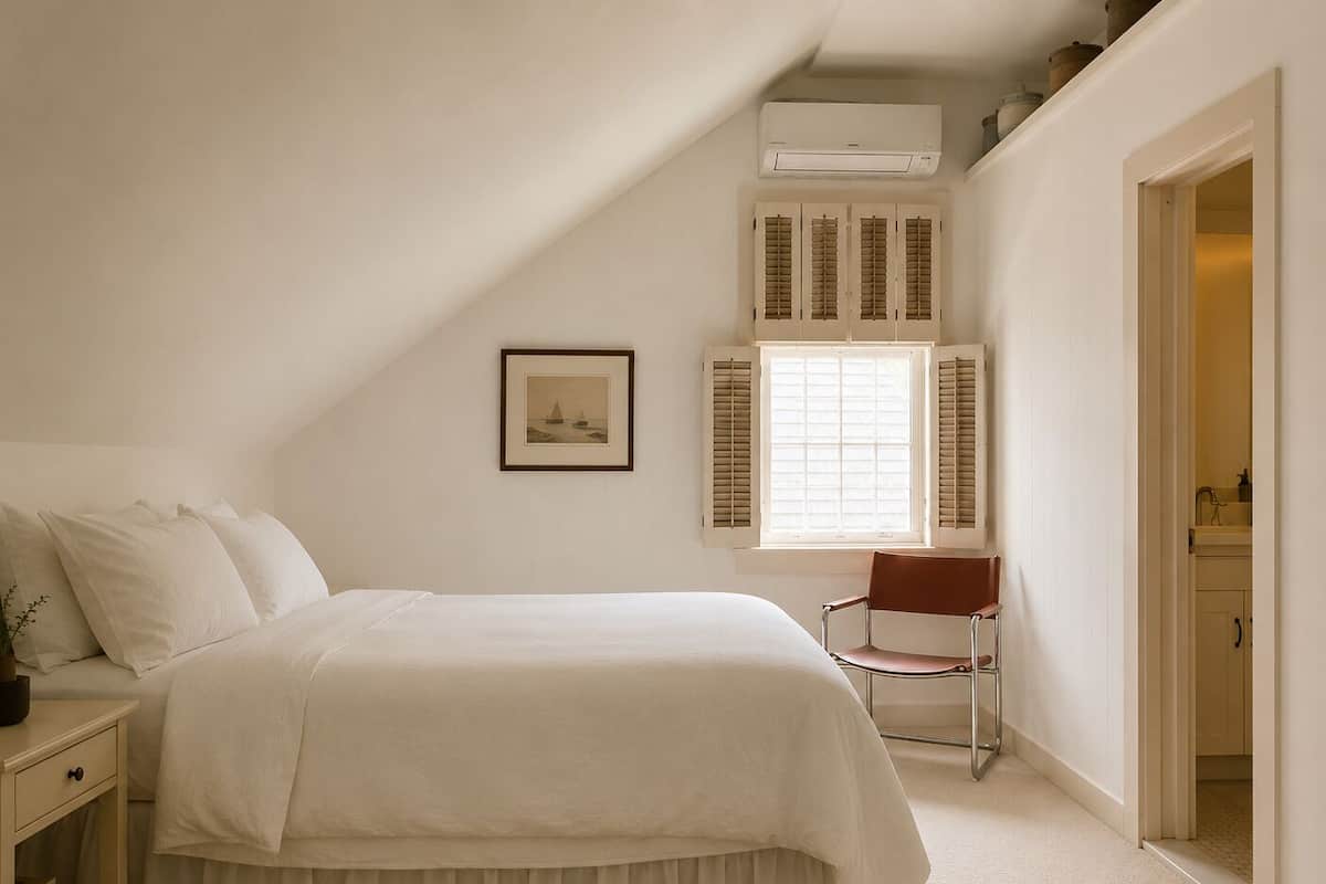 A bedroom with a bed, a chair, a window with shutters, an air conditioning unit, and a framed picture on the wall.