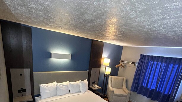 Habitación de hotel con una cama grande, un escritorio, una silla, una lámpara y una ventana con cortinas.