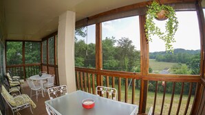 Eine überdachte Terrasse mit Tisch und Stühlen, große Fenster mit Blick ins Freie und eine hängende Pflanze.