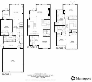 Plano de planta de un edificio de tres pisos, con habitaciones identificadas y dimensiones indicadas.