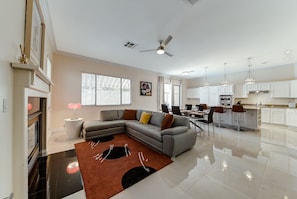 Smart TV, fireplace, DVD player, table tennis