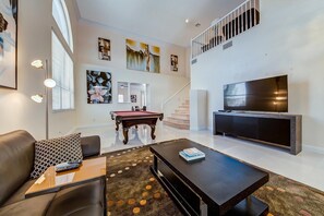 Smart TV, fireplace, DVD player, ping pong