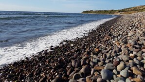 Une plage rocheuse où les vagues se brisent sur le rivage.