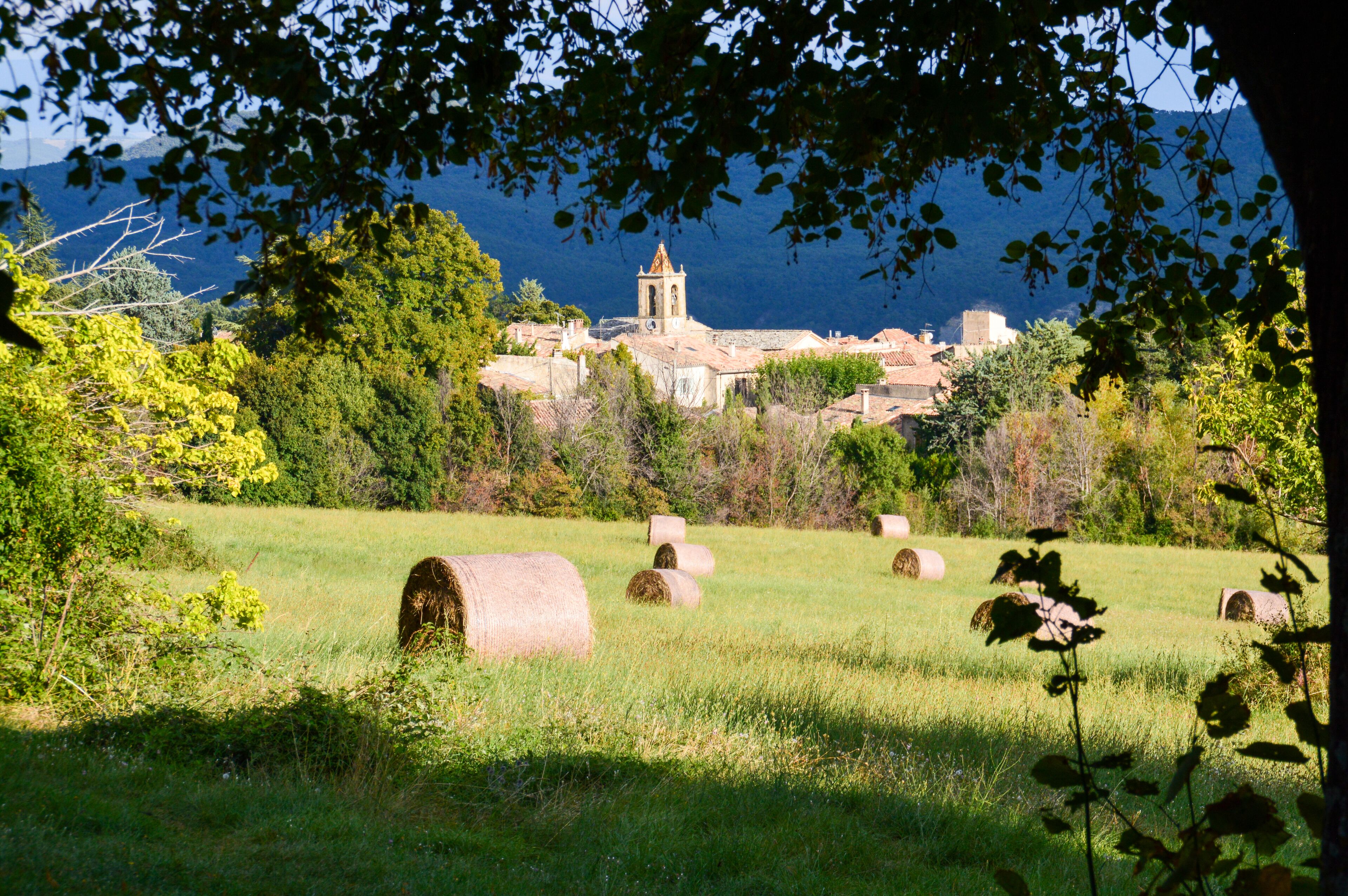 A rural landscape with hay bales and a church in the background.