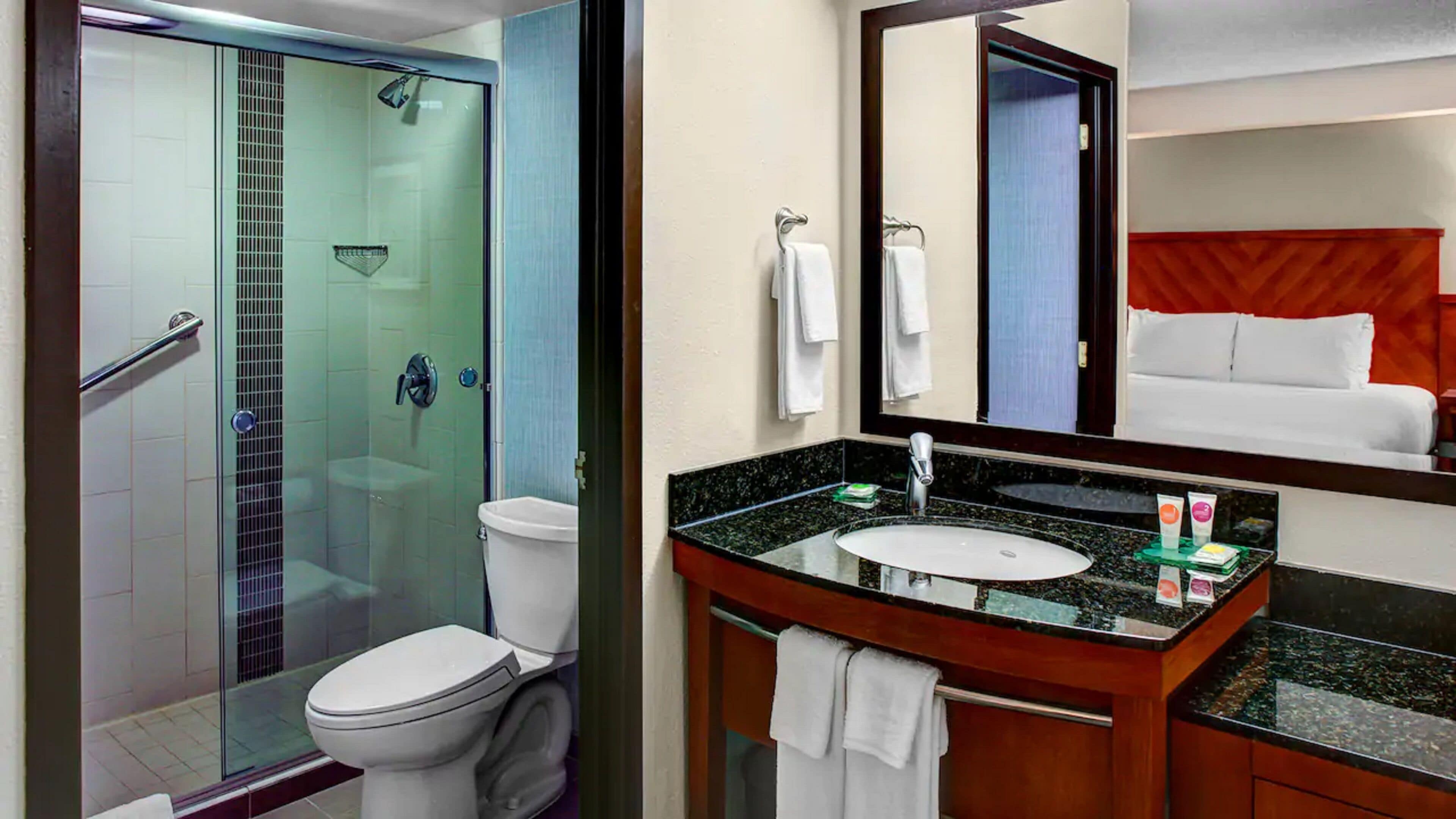 A modern bathroom with a glass-enclosed shower, a white toilet, a sink with a granite countertop, and a mirror above the sink.