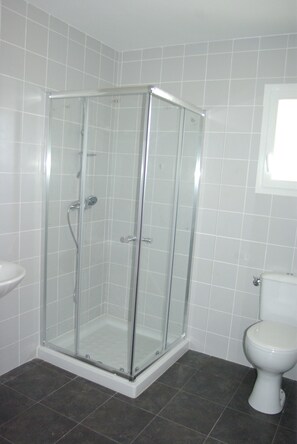 Bathtub, hair dryer, towels, toilet paper