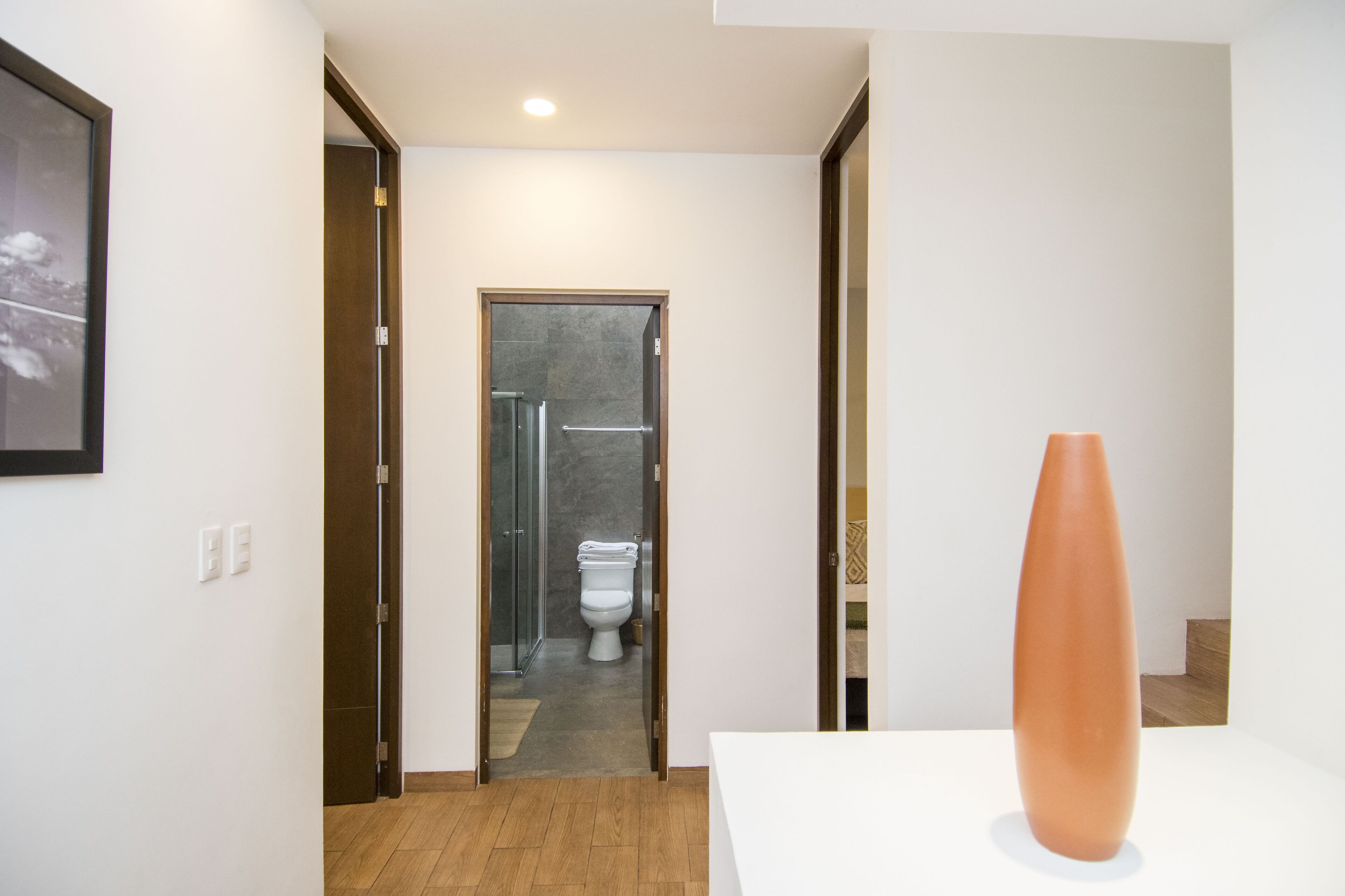 A modern bathroom with a shower, toilet, and a large vase on a table.