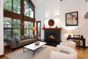 Télévision, cheminée, espaces bureaux