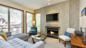 Télévision, cheminée, espaces bureaux