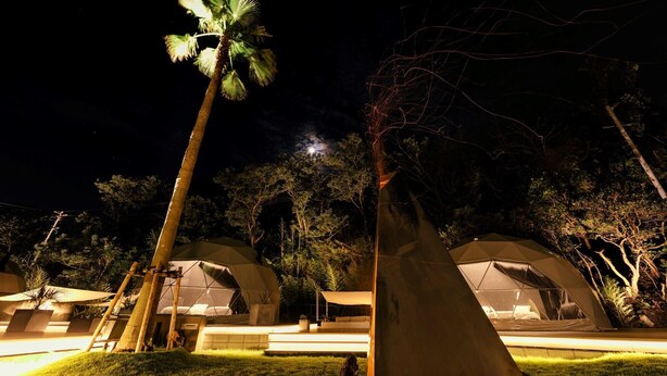 Escena nocturna de un resort con alojamientos en forma de cúpula, una palmera y un área verde.