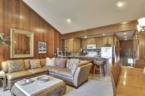 Télévision, cheminée, lecteur de DVD, chaîne hi-fi